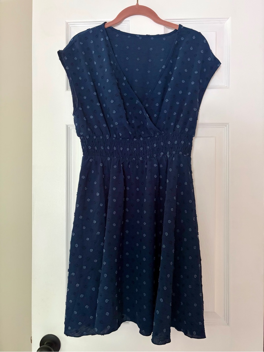 SHEIN Navy Blue Short-Sleeve V-Neck Smocked Waist Dress